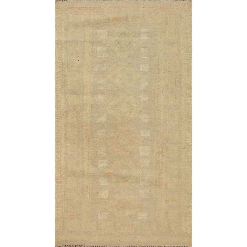 Hand Woven Oriental 100% Wool Carpet Southwestern Tribal Beige & Ivories Kilim Area Rug - 3' 9'' X 2' 1''