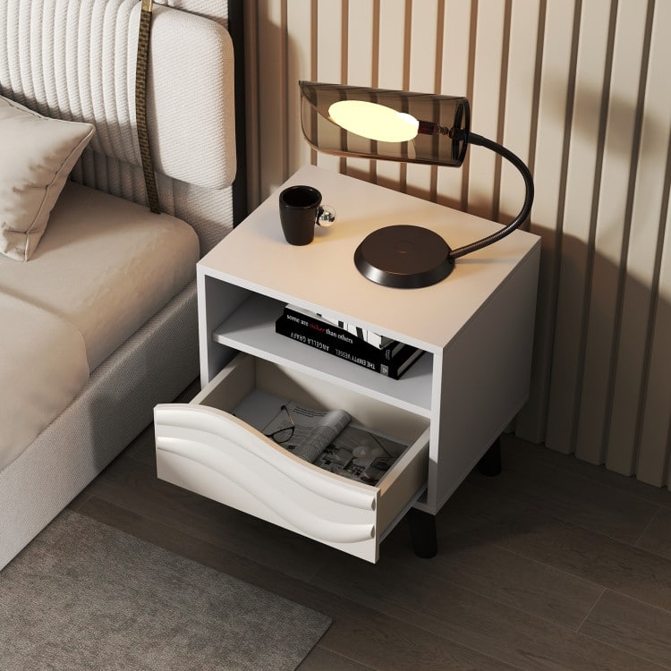 White and Black Nightstand with 3D Wavy Drawer Open Shelf and Tapered Feet