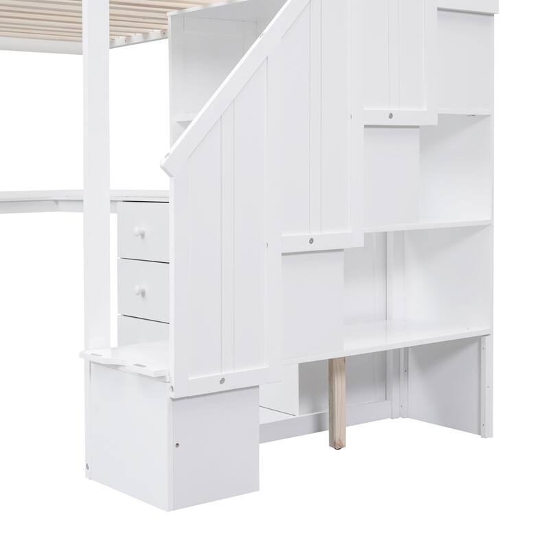 Twin/Full Loft Bed with L-Shaped Desk and Storage Staircase, Multi-Functional Solid Wood Loft Bed Frame with Drawers & Bookcase