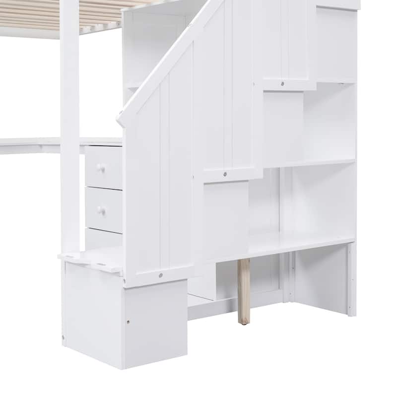 Twin Size Loft Bed with L-Shaped Desk, 3 Drawers, Cabinet & Storage Staircase, Full-Length Guardrail for Top Bunk