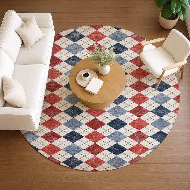 Machine Washable Indoor/ Outdoor Modern Argyle Chantille Rug