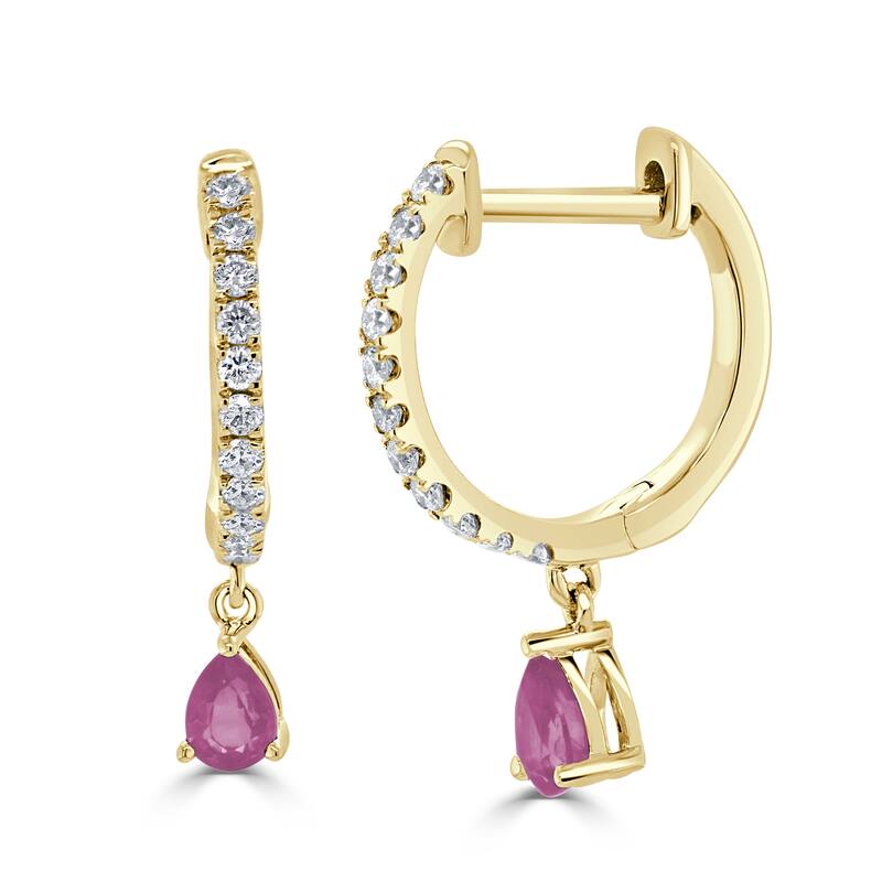 Joelle Collection Gemstone & Diamond Dangle Hoop Earrings 14K Gold Birthstone - Pink - Tourmaline - Yellow