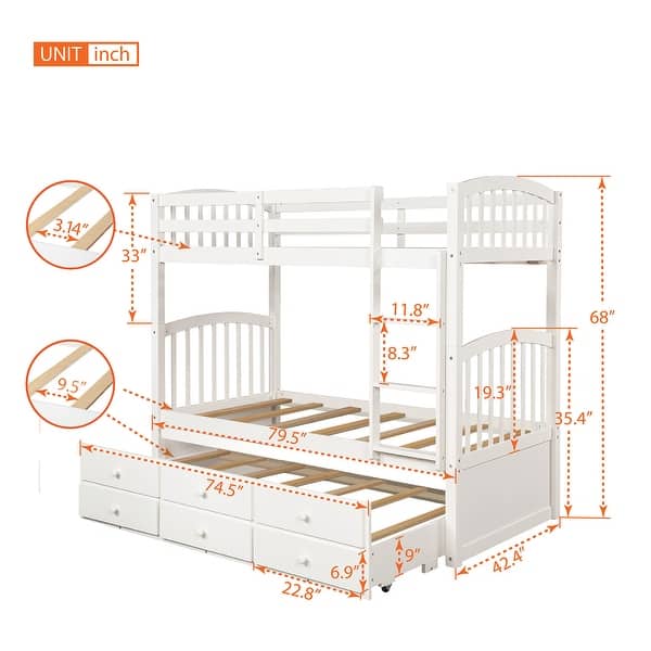 dimension image slide 2 of 4, Twin Bunk Bed with Trundle, Ladder, Safety Rail and 3 Drawers