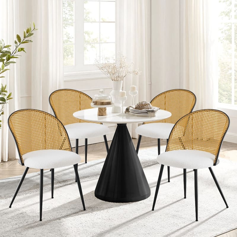 Modern Upholstered Rattan Dining Chairs Set of 2/4 - Set of 4 - Fabric-White-Natural Back