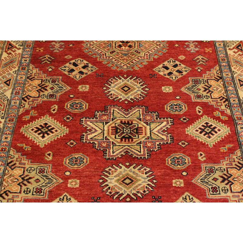 Tribal Super Kazak Amaris Red/Tan Hand Knotted Wool Rug - 4'1'' x 6'3''
