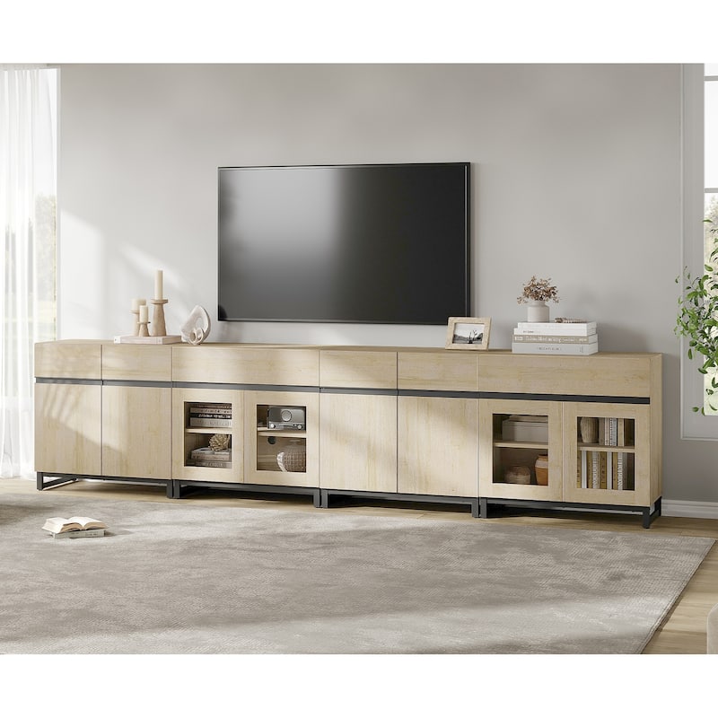 Modern 4-in-1 TV Stand for 120" TVs, Console with Glass Doors & 2 Drawers, Adjustable Shelf - 126 inches - Beige