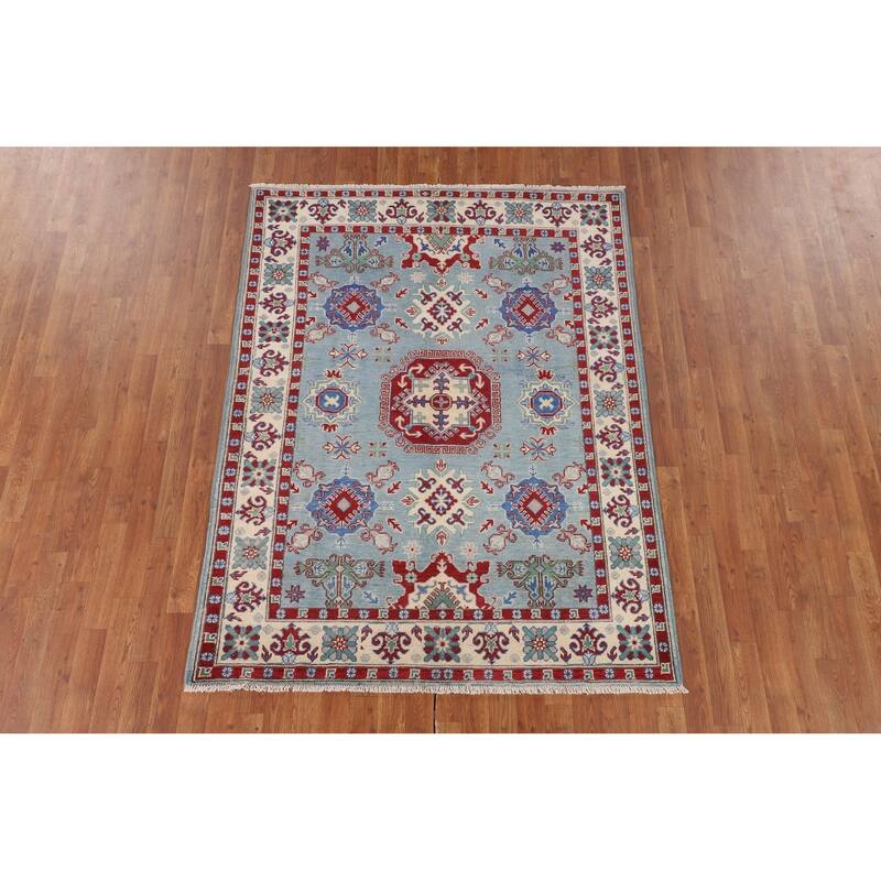 Light Blue Geometric Kazak Rug Handmade Wool Carpet - 4'11" x 6'6"