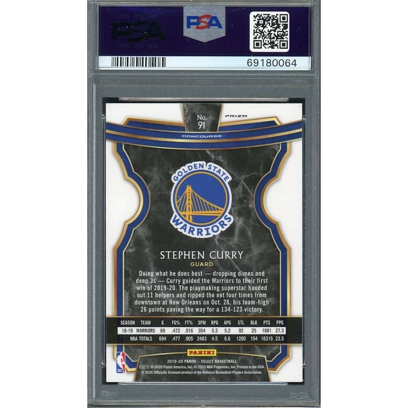 Stephen Curry 2019 Panini Select Silver Prizm Basketball Card #91 Graded PSA 10 - 8'6" x 11'6"