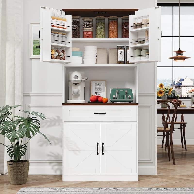 Gymojoy 70" Farmhouse Kitchen Pantry Cabinet With Operation Table & Power Outlet, Freestanding Cupboard