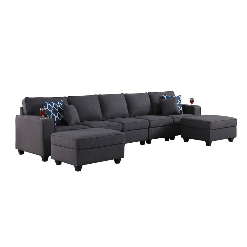 Linen Upholstered 5-Seater Sofa with 2 Ottomans in Dark Gray