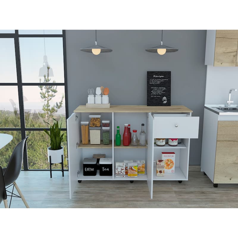 TUHOME Victoria Kitchen Island with 4 Interior Shelves, Casters, Drawer and Double Door Cabinet