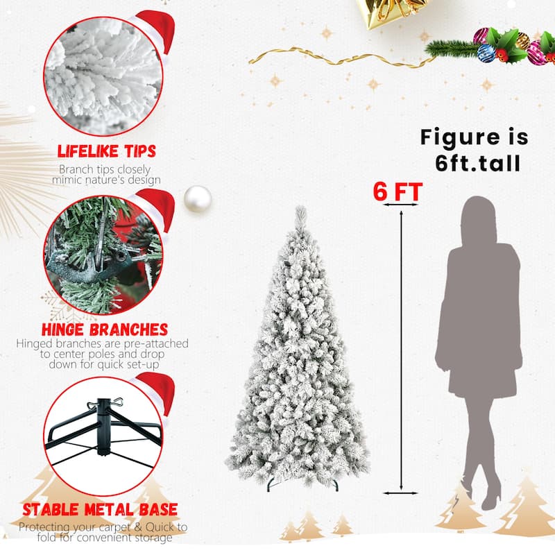 4FT Flocked Christmas Tree with 150 Warm White LED Lights-350Tips,Snowy PVC&Hard Needle Branches,Hinged Design for Easy Setup
