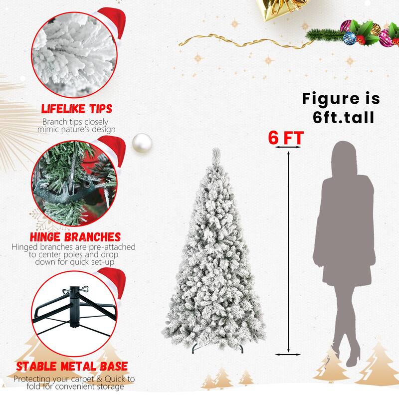 7.5FT Flocked Christmas Tree with 500 Warm White LED Lights-1252 Tips,Snowy PVC & Hard Needle Branches,Hinged Design