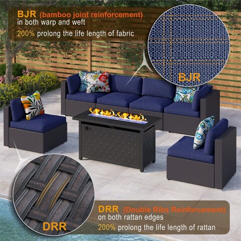 Gariau Rattan/Wicker 7-Piece Outdoor Patio Conversation Sectional Set with 2 Kinds of Gas Fire Pit Tables by Havenside Home