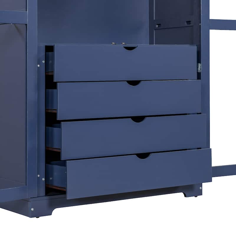 Pantry Cabinet with Glass Door, 2 Shelves & 4 Built-in Drawers, Kitchen Pantry Storage Cabinet, Freestanding Kitchen Cupboard