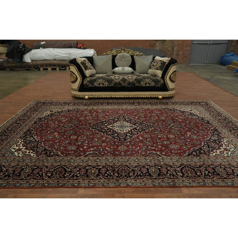 Hand Knotted Oriental 100% Wool Carpet Traditional Floral Red Kashan Area Rug - 13' 3'' X 9' 0''