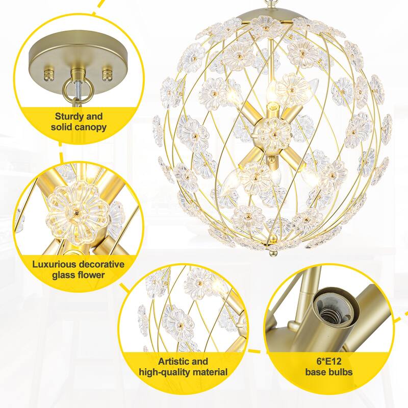 Modern 6-Light Glass Flower Globe Pendant Chandelier for Dining Room