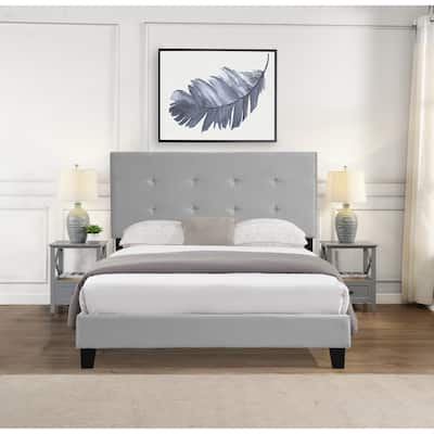 Gray Queen Upholstered Platform Bed with Tufted Headboard & Strong Slat Support