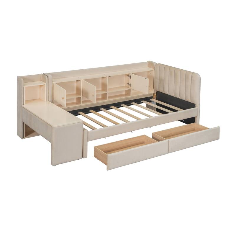 Upholstered Daybed with Abundant Storage,Flip Cabinets,and Side Table