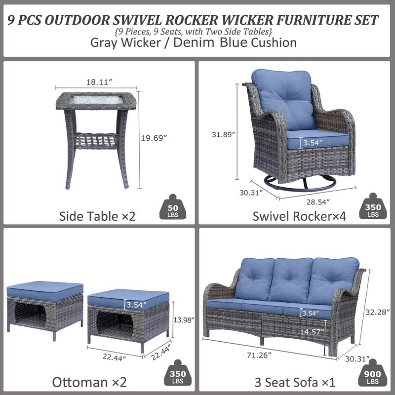 Gray Rattan Outdoor Patio Conversation Sets with Swivel Rocker Chairs