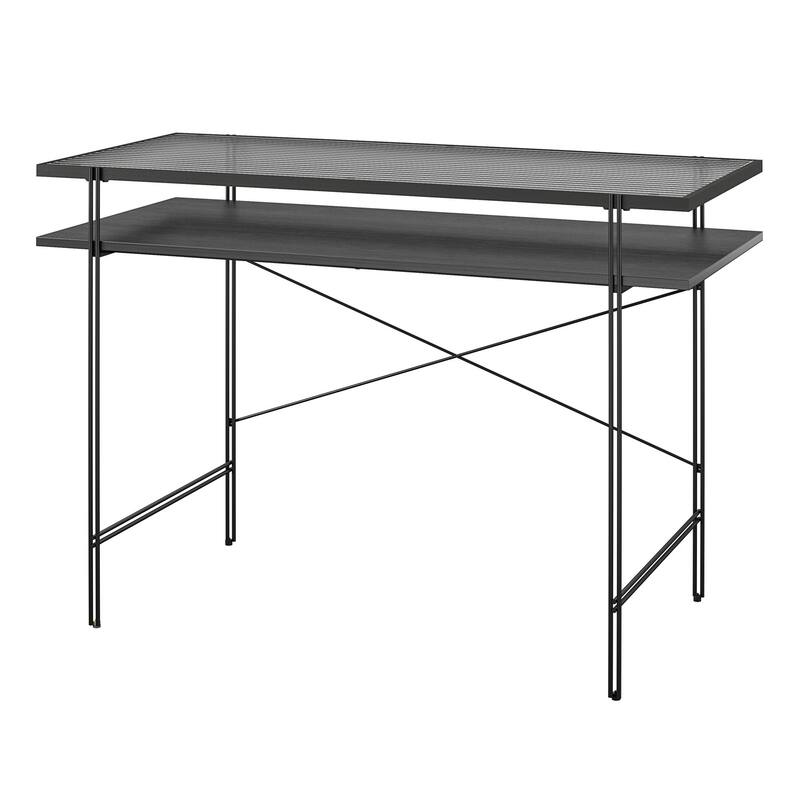 Roomfitters Vance Computer Desk with Fluted Glass Top and Open Shelving, Laminated Wood, Black