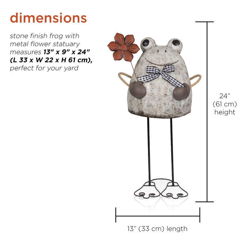 Stone Finish Frog with Metal Flower Statuary