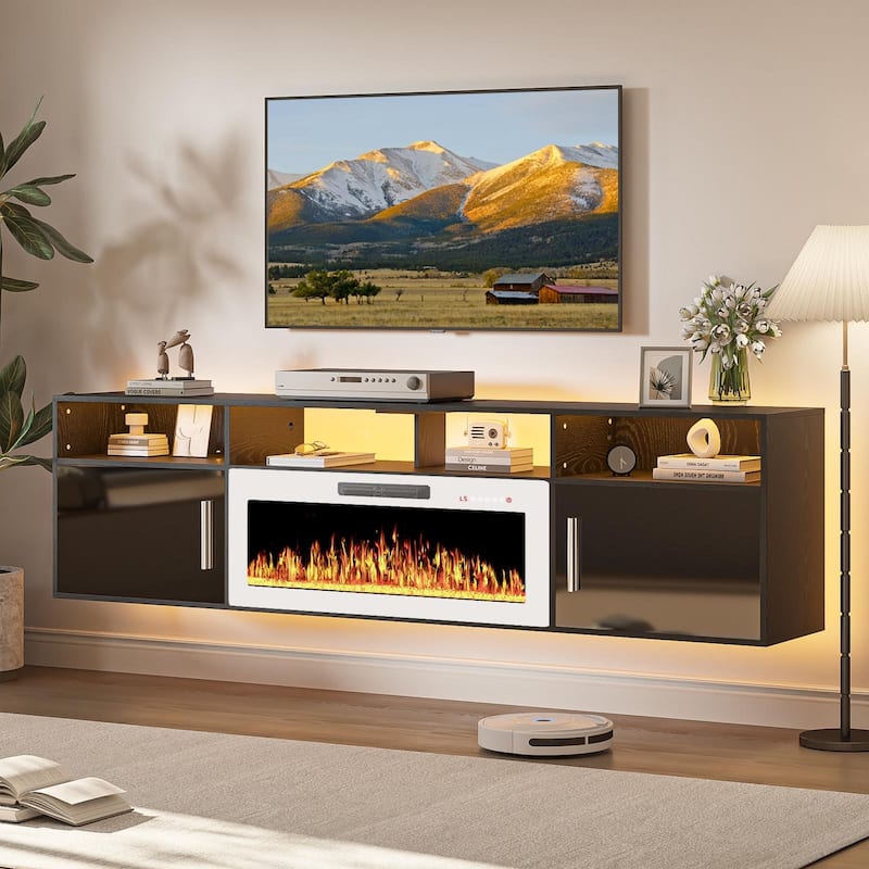 BOSSIN 80" Floating TV Stand with 36" Electric Fireplace, High Gloss Finish Wall Mounted Fireplace TV Stand with Storage - New Black
