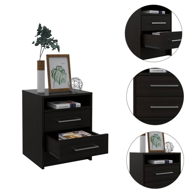Stylish 2-Drawer 1-Shelf Rectangle Nightstand with Durable Metal Railings