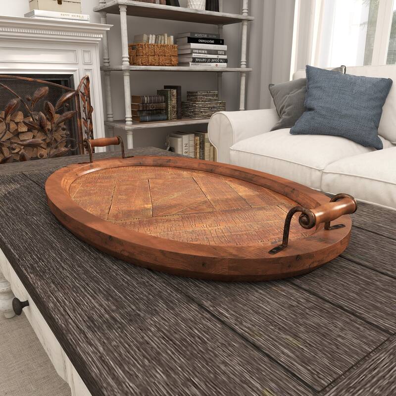 Brown Wood Large Oval Living Room Decor Tray with Scroll Metal Handles