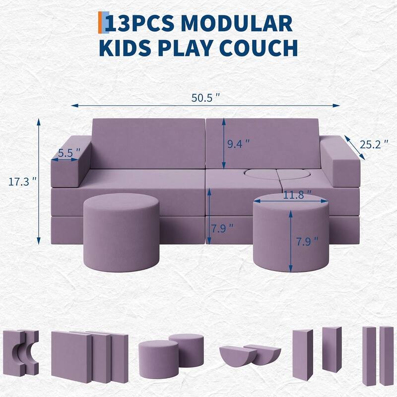 Kids Modular Play Couch, 13 Pcs Toddler Couch With Washable Velvet Covers