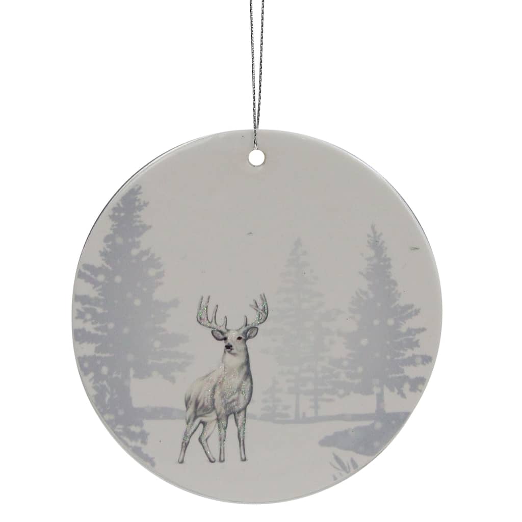 Woodland Reindeer Porcelain Disc Christmas Ornament - 4" - Silver