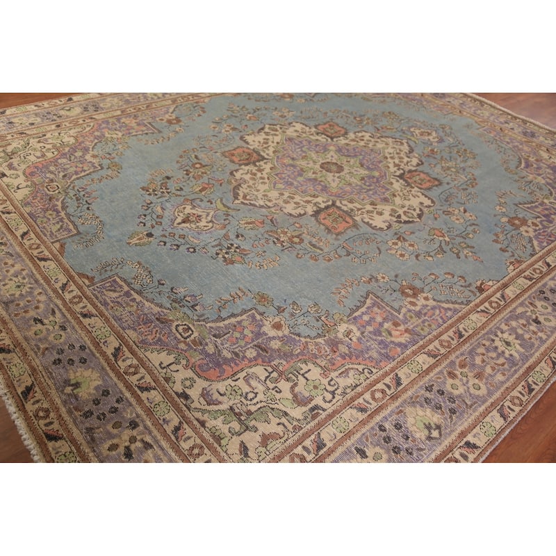 Light Blue Medallion Tabriz Persian Rug Floral Handmade Wool Carpet - 9'10"x 12'4"