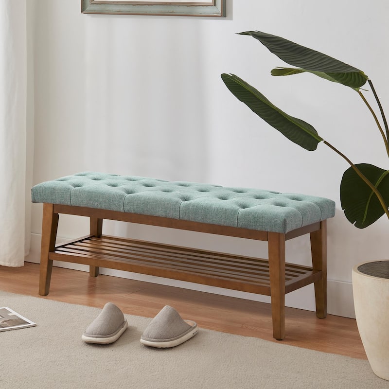 Entryway Shoe Bench Storage Bench Fabric Solid Wood, 43-inch Upholstered Bench for Living Room, Bedrooms