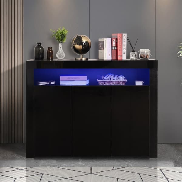 Black High Gloss Living Room Sideboard Storage Cabinet with LED Light ...