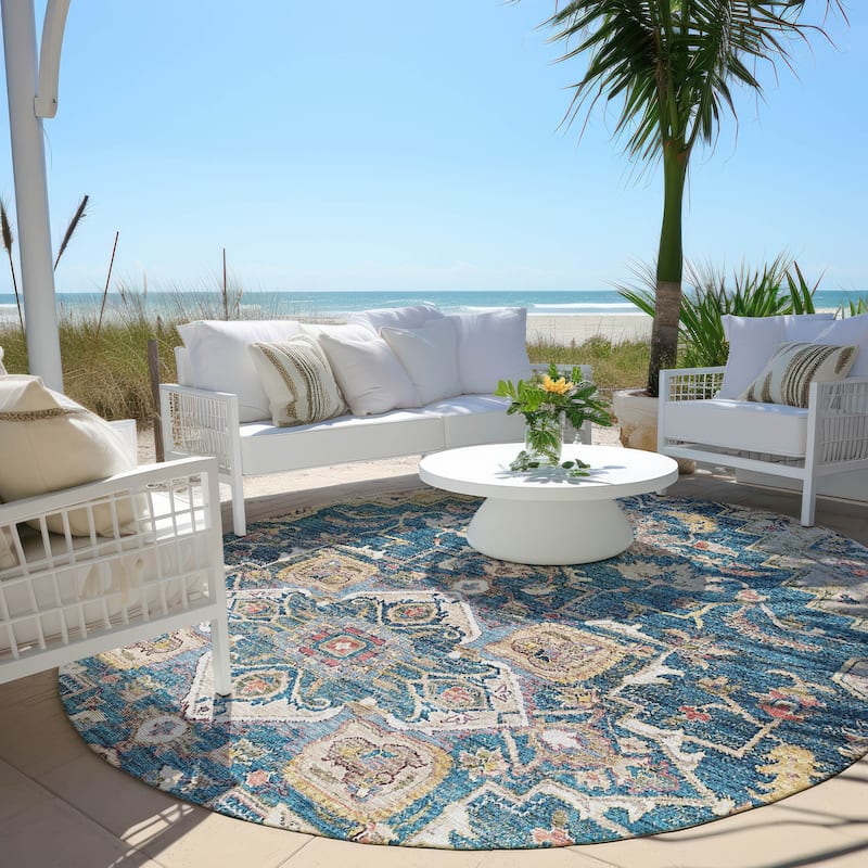 Machine Washable Indoor/ Outdoor Chantille Traditional Boho Rug - Blue - 8' x 8'