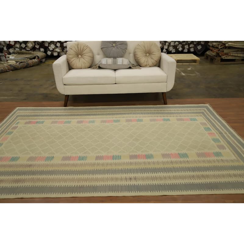 Hand Woven Oriental 100% Wool Carpet Southwestern Tribal Green Kilim Area Rug - 8' 9'' X 6' 1''