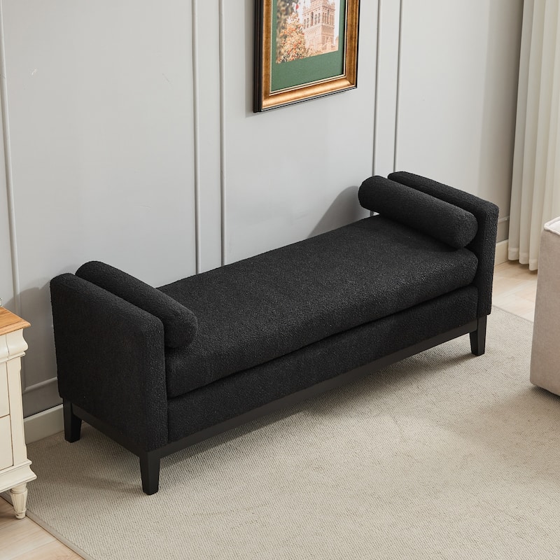 66.34" Fabric Upholstered Bench with 2 Bolster Pillows, Long End of Bed Ottoman with Wood Legs for Bedroom, Entryway