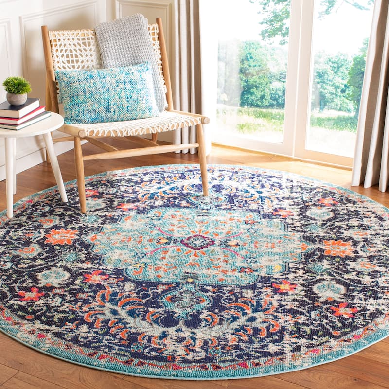 SAFAVIEH Madison Sabire Boho Medallion Distressed Rug - 6'7" Round - Black/Teal - Round