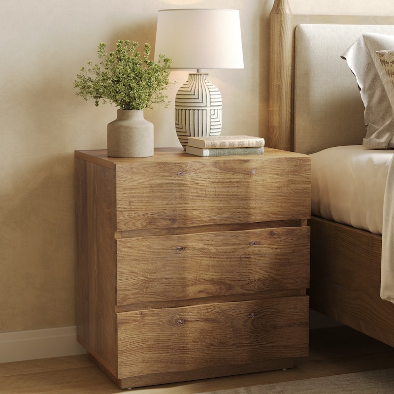 Nightstand with 3 Drawers Fluted End Table Farmhouse Bedside Table - Natural