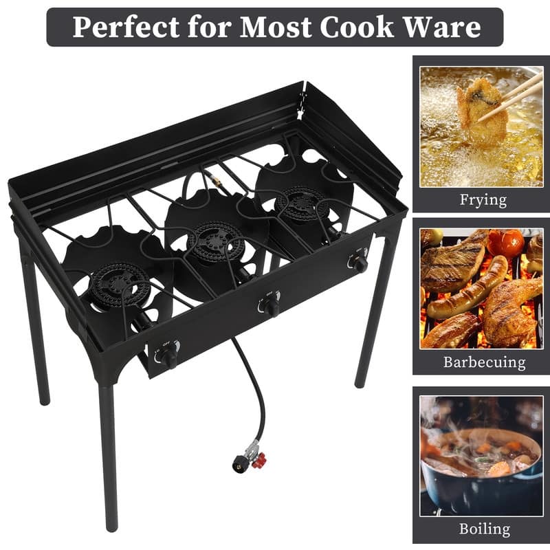 Outdoor Camping 3-Burner Stove High Pressure Propane Gas Cooker with Windscreen - N/A