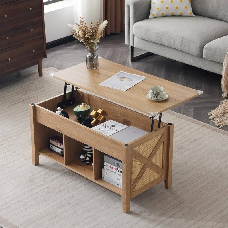 VINGLI Rectangular Oak-colored Particle Board with Bamboo Rattan Weaving, Extendable and Liftable Coffee Table