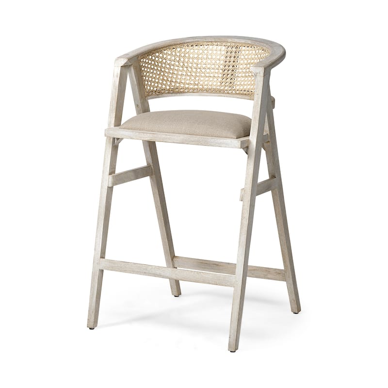 Tabitha Beige Fabric and Rattan Seat with Blonde Solid Wood Frame Counter Stool - Single - Beige - Bar Height/Counter Height