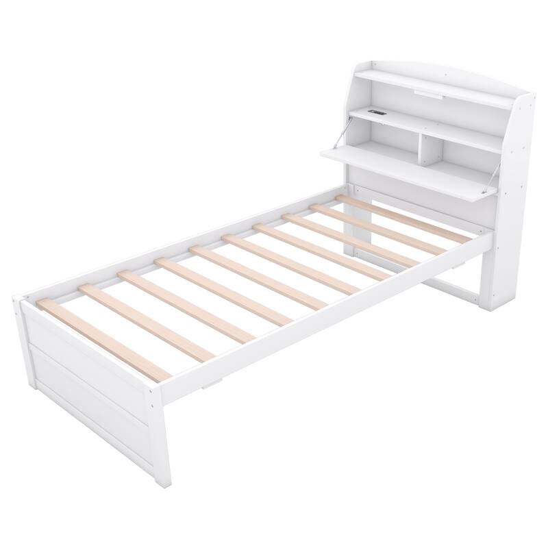 White Twin Size Wooden LED Platform Bed with Trundle,Storage Headboard and Drawers for Bedroom