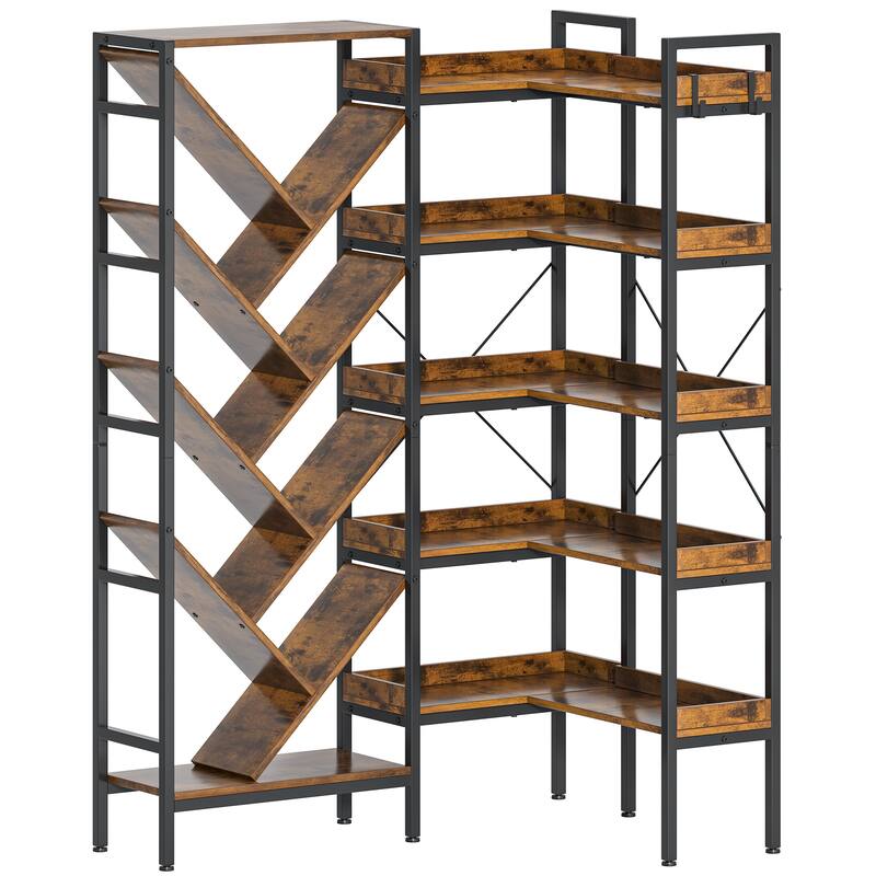 HomeRoots 69" Brown And Black Wood And Metal Ten Tier Corner Bookcase