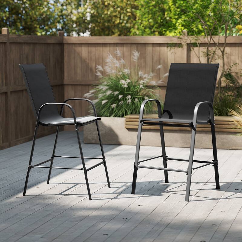 29" Outdoor Bar Stools Set 2 Fabric High Back Chairs with Metal Frame for Decks and Porches - 24.5" x 30" x 51" - Black