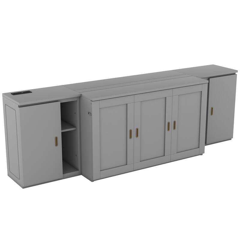 Full Size Murphy Bed Cabinet with Storage Shelves and USB Ports, Wooden Floor Bedframe, Foldable/Space Saving Design