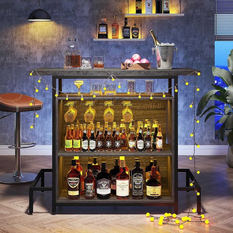 Home Bar Unit 3-Tier Liquor Bar Table with Glasses Holder Wine Storage