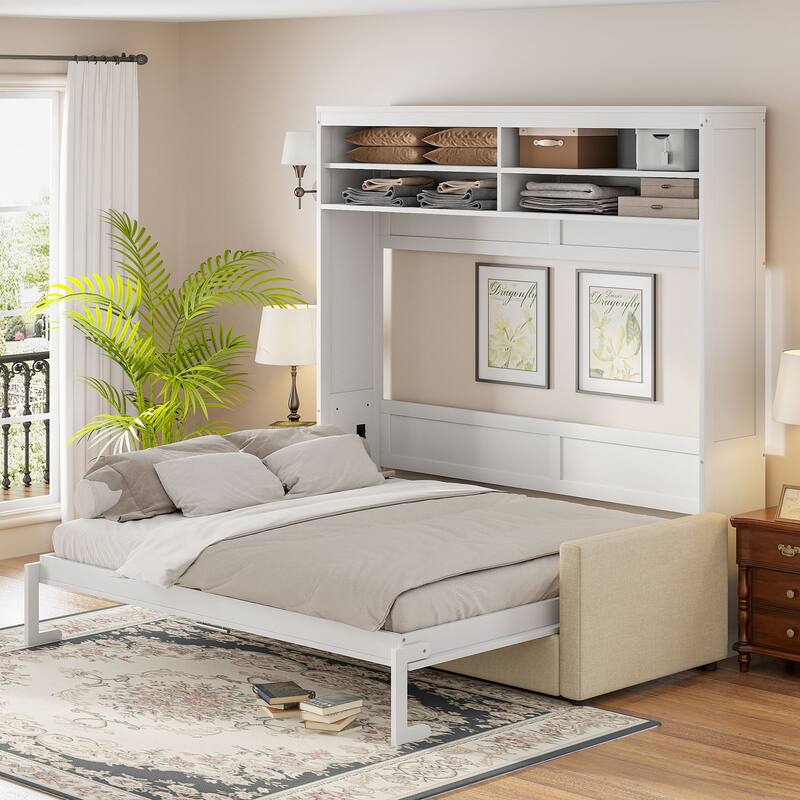 Foldable Canbinet Bedframe Storage Murphy Bed Queen Size Wall Bed with Integrated Linen Upholstered Sofa and Open Shelves