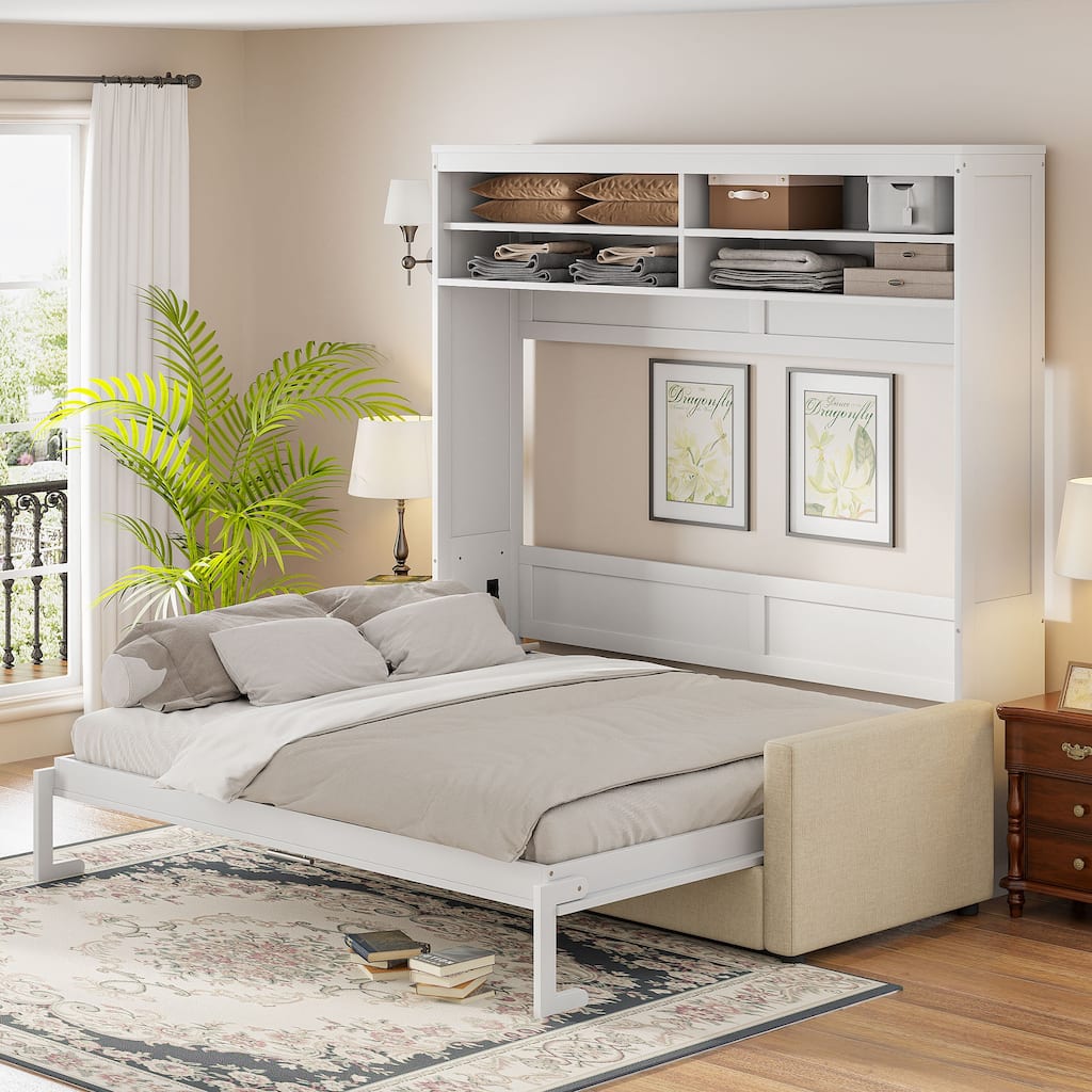 Queen Size Wall Bed with Sofa, Space-Saving Murphy Bed, White