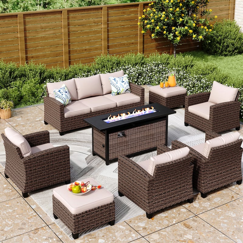 7/9-Seat Patio Furniture Wicker Rattan Outdoor High-back Sectional Sofa Conversation Set with Firepit Table - 9 Seats + 56" Fire Pit - Beige